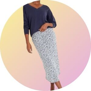 NWT High-Waisted Midi Slip Skirt Petite Medium Blue and White Ditsy Flowers